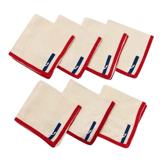 Set X 7 Embroidered Anchor Napkins W/ Blue & Red Trim For Sale