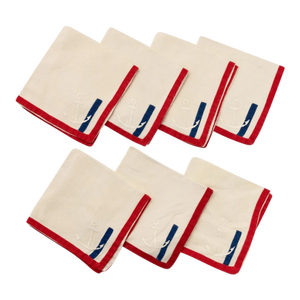 Set X 7 Embroidered Anchor Napkins W/ Blue & Red Trim