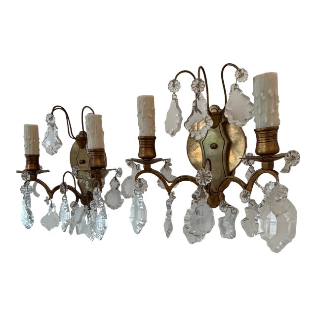 Vintage French Style Brass & Crystal Two-Light Wall Sconces - a Pair For Sale