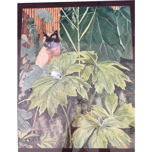 Metal Gene Pelham Siamese Cat in the Garden Vintage Framed Art Print 37”x31” Hollywood Regency Botanical For Sale - Image 7 of 8