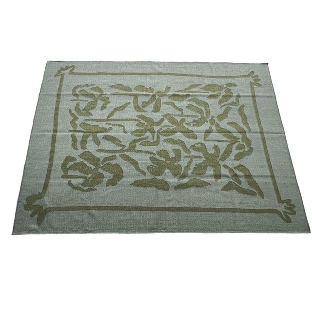 Mint Handmade Woolen Flat Weave Geometric Floral Patterned Mint Green Area Rug - 6.5'x9' For Sale - Image 8 of 13