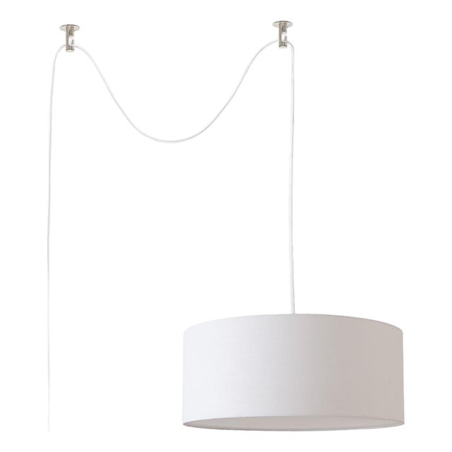 Stretch 15" Swag Lamp, Satin Nickel Steel, White Linen Shade, Dimmable, 92" Tall For Sale