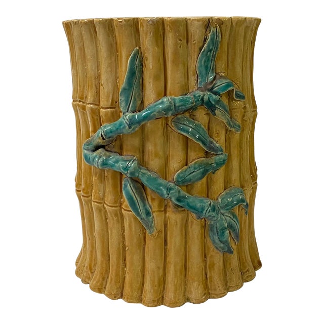 Chinese Bamboo Theme Brown Green Glaze Ceramic Display Container Art For Sale