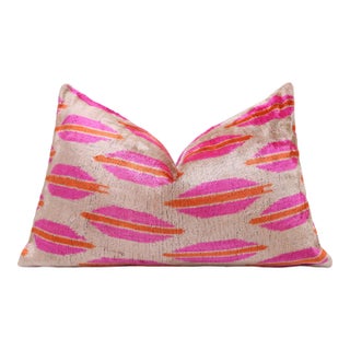 Hand-Knotted Silk Velvet Ikat Lumbar Pillow - 16x24 Fuchsia & Saffron For Sale