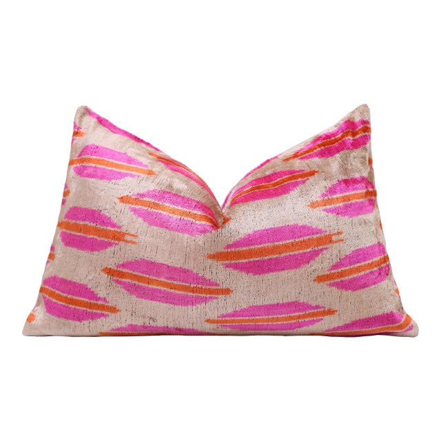 Hand-Knotted Silk Velvet Ikat Lumbar Pillow - 16x24 Fuchsia & Saffron For Sale