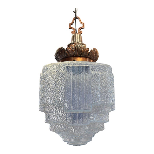 Art Deco Copper Acanthus Leaf Pendant Light W Skyscraper Cobalt Blue Glass Shade For Sale