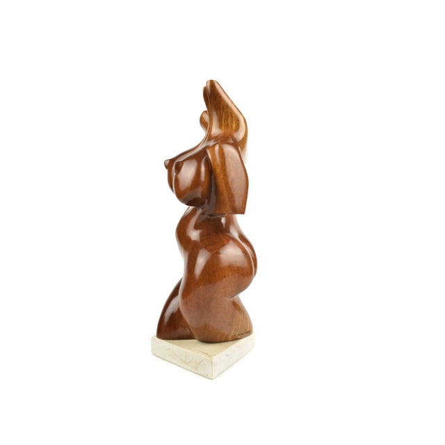 Mid 20th Century Mid 20th Century Wood Carved Nude Female Torso Sculpture on Stone Base by Amalina For Sale - Image 5 of 12