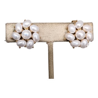 Vintage 1958 Signed Crown Trifari Goldtone Faux-Pearl "Calypso" Clip Earrings-2 Pieces For Sale