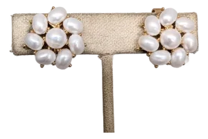 Vintage 1958 Signed Crown Trifari Goldtone Faux-Pearl "Calypso" Clip Earrings-2 Pieces