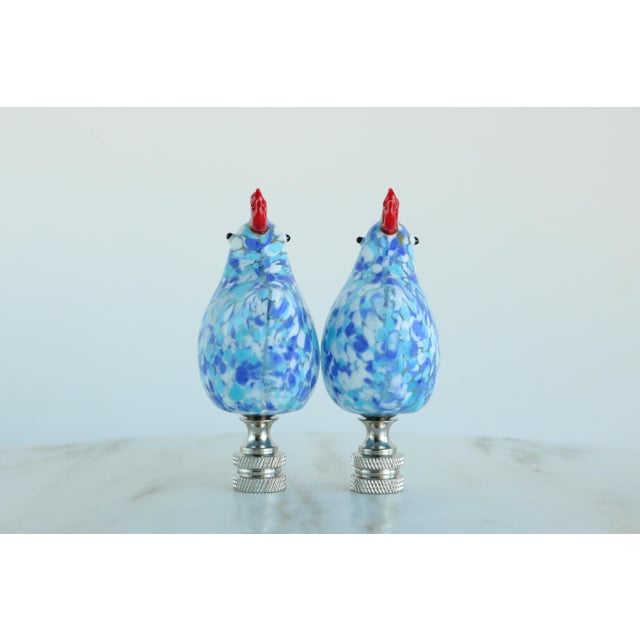 Blue Glass Rooster Lamp Finials on Chrome Hardware - A Pair For Sale - Image 8 of 8