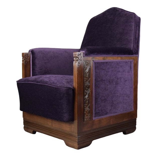 Art Deco Jatoba Wood and Purple Velvet Lounge Chair, 1930 For Sale