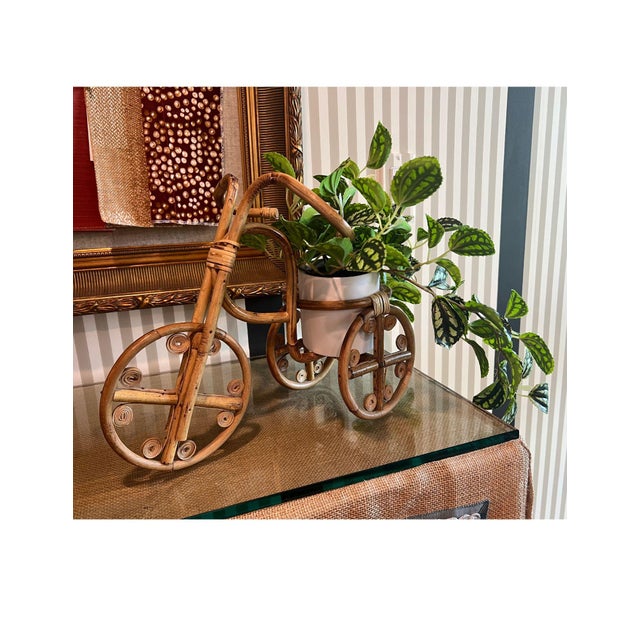 Vintage Bamboo & Rattan Tricycle Planter - Faux Plant Included For Sale - Image 4 of 12