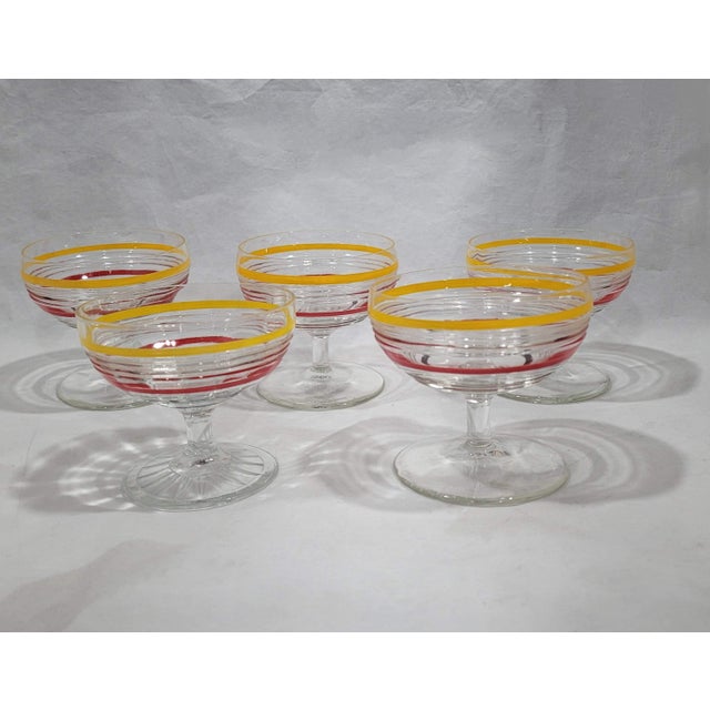 1930s 1930s Anchor Hocking Art Deco Banded Ring Low Stem Sherbet / Sorbet Dessert Sets Glasses & Plates Yellow, Orange, Red, Black- 11 Pieces For Sale - Image 5 of 7