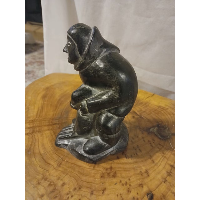 Artist Signed Vintage Inuit Soapstone Sculpture of a Hunter With Seal For Sale - Image 4 of 7
