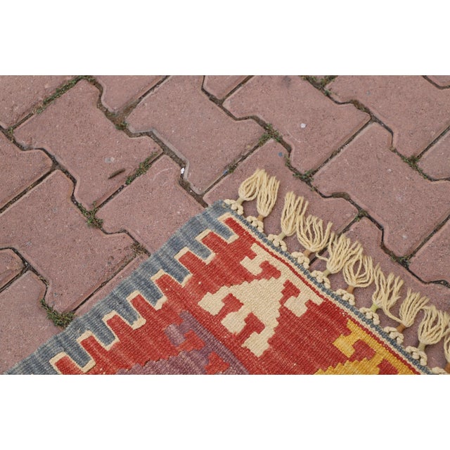 Textile 1960s Turkish Traditional Tribal Design Red Hand Knotted Oushak Kilim Rug For Sale - Image 7 of 8