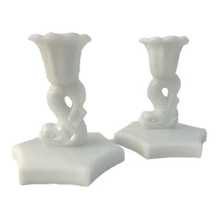 Mid-Century Milk Glass Koi Fish Candleholders, a Pair For Sale