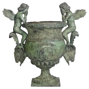 Classical Style Cast Bronze Verde Patina Urn With Two Cupids and Rams' Heads