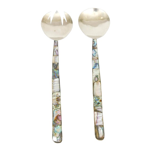 Vintage Silver-Plate and Abalone Salad Servers or Serving Pieces Pair Of For Sale