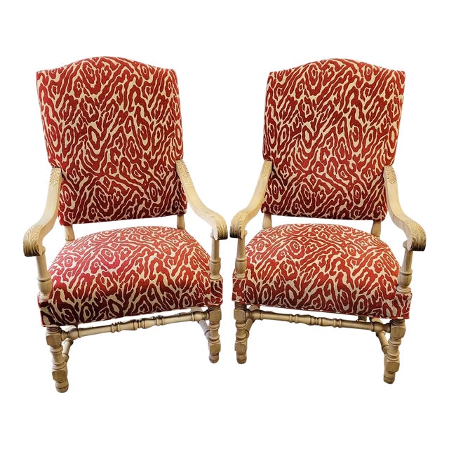Pair of French Louis XIII Style Bleached Oak Armchairs in Red Cut Velvet For Sale