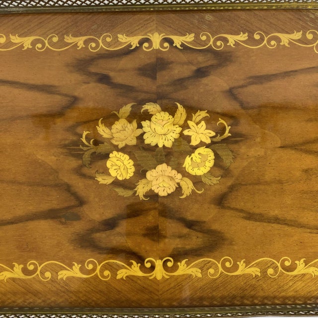 Vintage Italian Wood Marquetry Tray Sorrento Inlaid Brass Edge Handles For Sale - Image 4 of 12