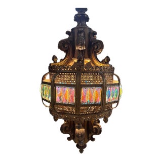 Mid 20th Century Spanish Revival Prism Glass Lantern Chandelier - Ornate Hanging Light - 30" For Sale