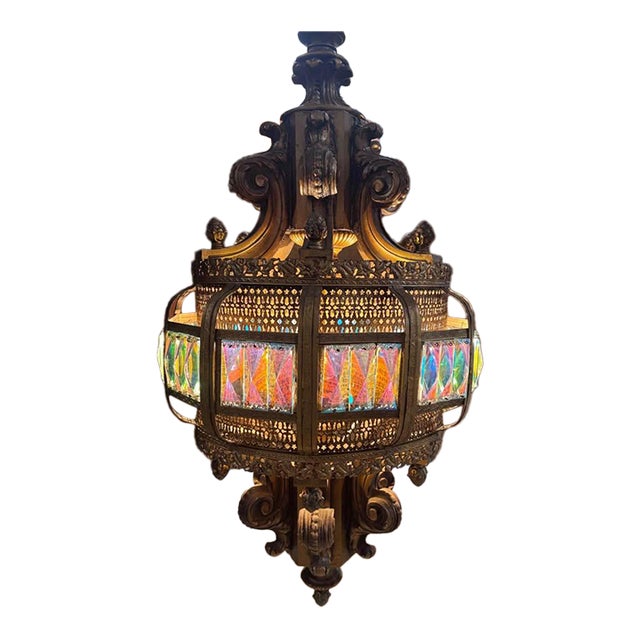 Mid 20th Century Spanish Revival Prism Glass Lantern Chandelier - Ornate Hanging Light - 30" For Sale