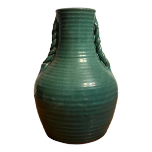 Large Antique 1920's American Art Deco Green Glazed Art Pottery Coil Vase or Urn With Twisted Rope Handles