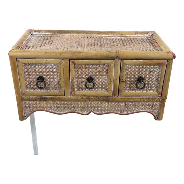 Vintage Rattan Three Drawer Table Top Cabinet For Sale