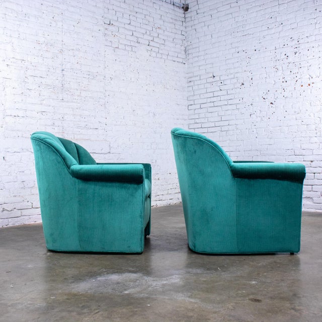 1980’s Art Deco Revival Hollywood Regency Channeled Fan Back Club Chairs W/Teal Chenille Fabric by Perfection Furniture, a Pair For Sale - Image 6 of 18
