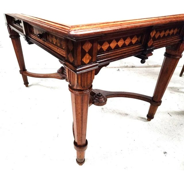 Antique Library Dining Table English 4 Drawer W Glass Top For Sale - Image 9 of 12