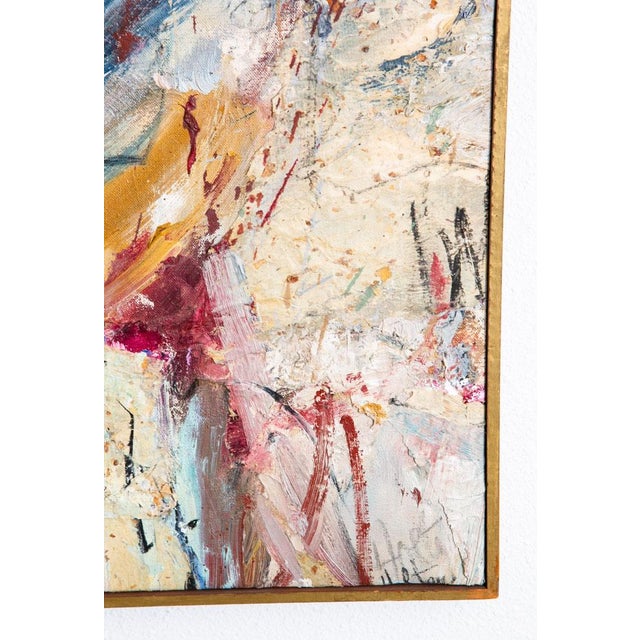 Pink Mid Century Modern Oil Painting Abstract Expressionism Tan Red Yellow Signed For Sale - Image 8 of 12