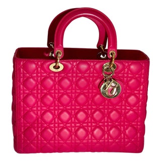 Christian Dior Lady Dior Large Lambskin Hot Pink / Fuschia Handbag, Excellent For Sale
