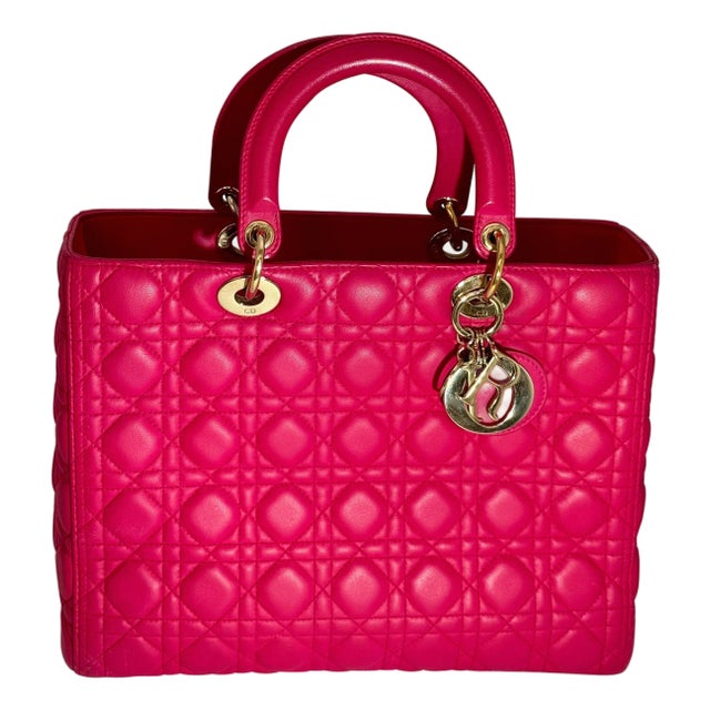 Christian Dior Lady Dior Large Lambskin Hot Pink / Fuschia Handbag, Excellent For Sale