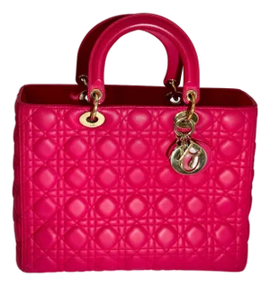 Christian Dior Lady Dior Large Lambskin Hot Pink / Fuschia Handbag, Excellent