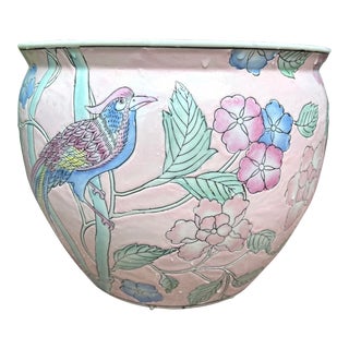 Pink Asian Chinoiserie Ceramic Goldfish Bowl Planter Jardiniere For Sale
