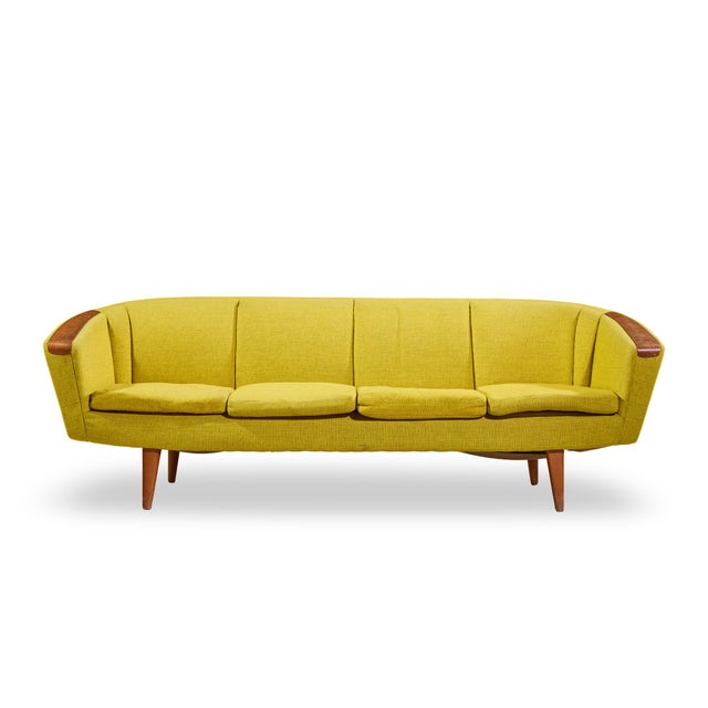Johannes Andersen Style Mid Century Norwegian Teak and Wool Sofa This sofa measures: 88.5 wide x 32.5 deep x 28 inches...