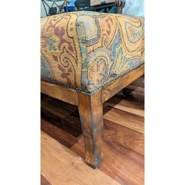 French Country Guy Chaddock & Co. Westbourne Collection Carved Armchair and Ottoman in Paisley Tapestry With Nailhead Trim For Sale - Image 3 of 12