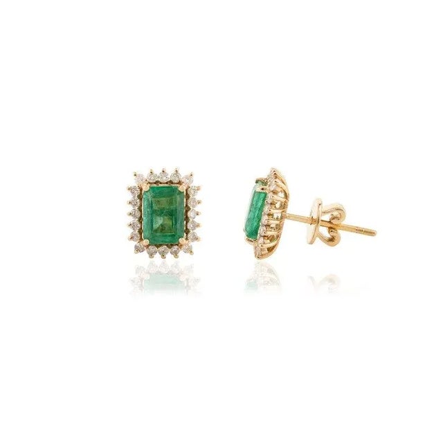 Not Yet Made - Made To Order 18k Yellow Gold 1.72ct Natural Emerald Green Earrings With Halo Diamonds- A Pair For Sale - Image 5 of 10