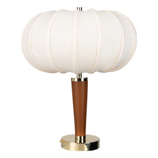 Andorra Equestrian Chic Ribbed Linen Table Lamp in Polished Brass and Dark Brown Leather by ZAVADSKI, 2020 For Sale