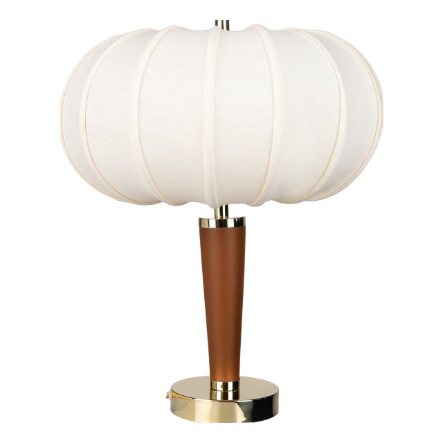Andorra Equestrian Chic Ribbed Linen Table Lamp in Polished Brass and Dark Brown Leather by ZAVADSKI, 2020 For Sale