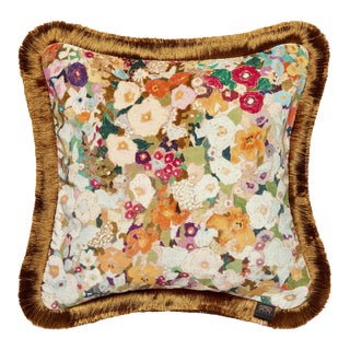 House of Hackney Hollyhocks Medium Fringed Velvet Cushion - Spring For Sale