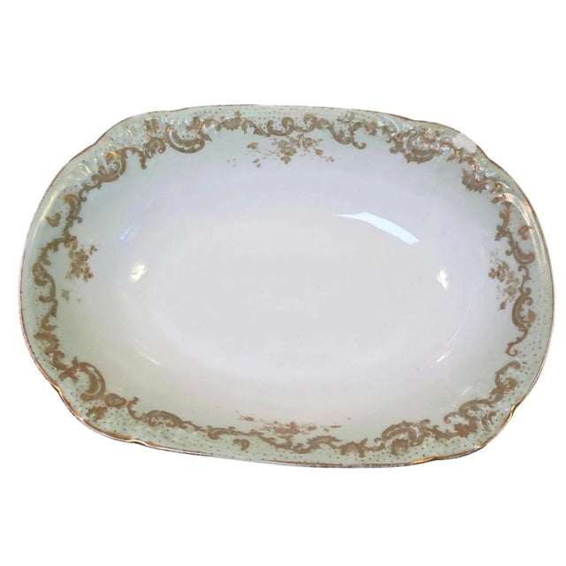 Antique Elite Works Limoges 10" Oval Serving Bowl - Gilded Scrolls & Celadon Dot Border For Sale - Image 10 of 15