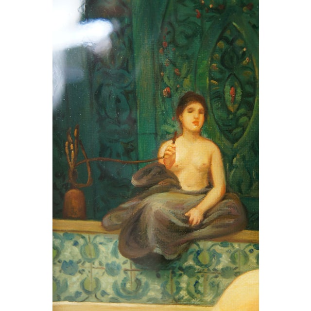 Mid 20th Century The Harem Bathhouse Nude Hookah Smoking Oil Painting After Jean Leon Gerome 31" For Sale - Image 4 of 12