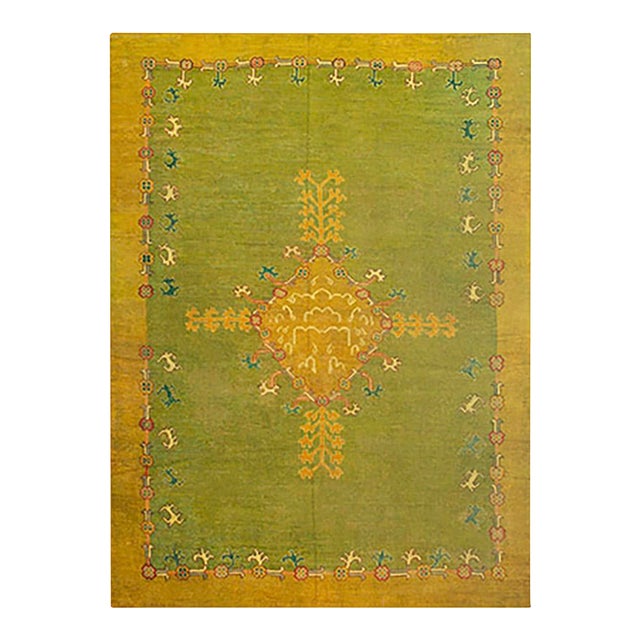 1890s Green Medallion Antique Turkish Oushak Rug 9'3"x12'1" Knotted Wool Carpet For Sale