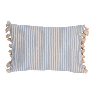 Schumacher Mathis Ticking Stripe 18" Lumbar Pillow in Sky For Sale