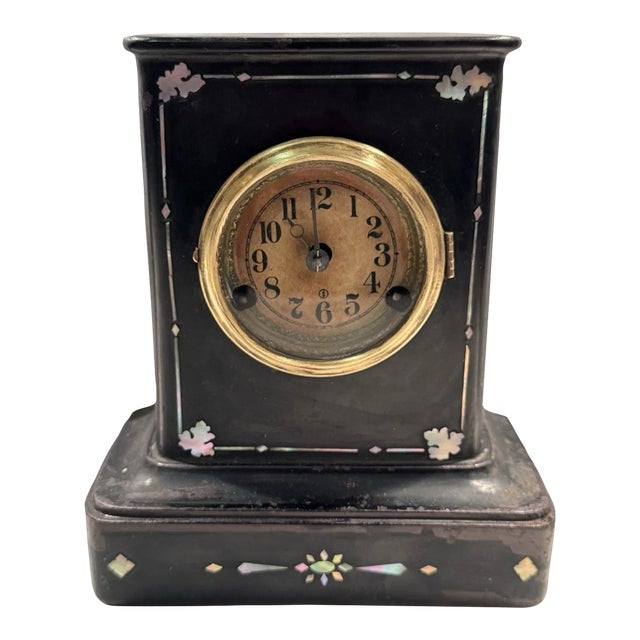 19th Century American Cast Iron Mantel Clock With Pearl Inlay For Sale