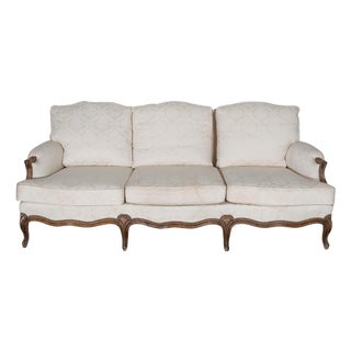 Mid 20th Century Louis XV Style Carved Walnut Sofa with Cream Damask Upholstery For Sale