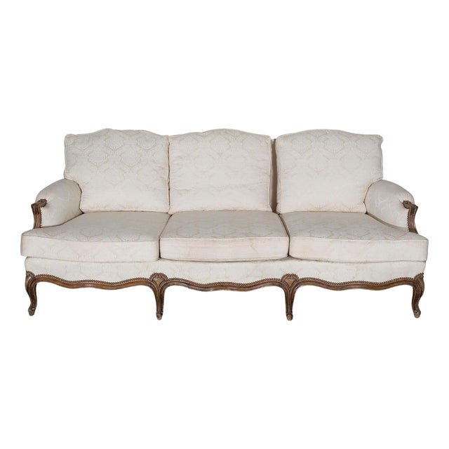 Mid 20th Century Louis XV Style Carved Walnut Sofa with Cream Damask Upholstery For Sale
