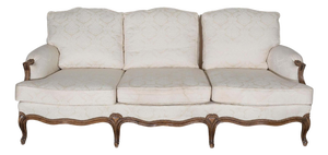 Mid 20th Century Louis XV Style Carved Walnut Sofa with Cream Damask Upholstery