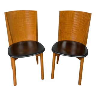 Pair of 1980s Italian Postmodern Calligaris Sculptural Wood & Black Leather Chairs For Sale